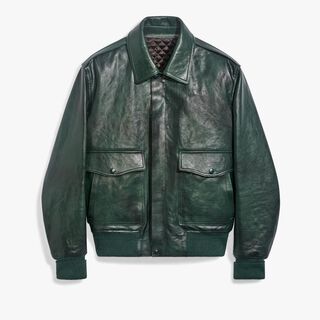 Blouson Aviateur En Cuir Patiné, DEEP GREEN, hi-res