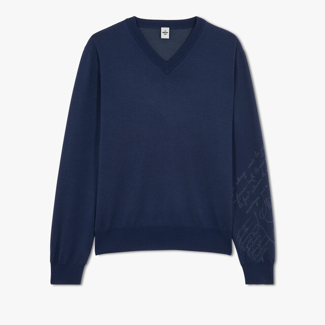 Pull Col V En Laine Avec Scritto, WARM BLUE, hi-res 1