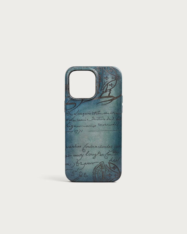 Scritto图纹皮革iPhone 15 Pro手机壳, Stone Denim, hi-res
