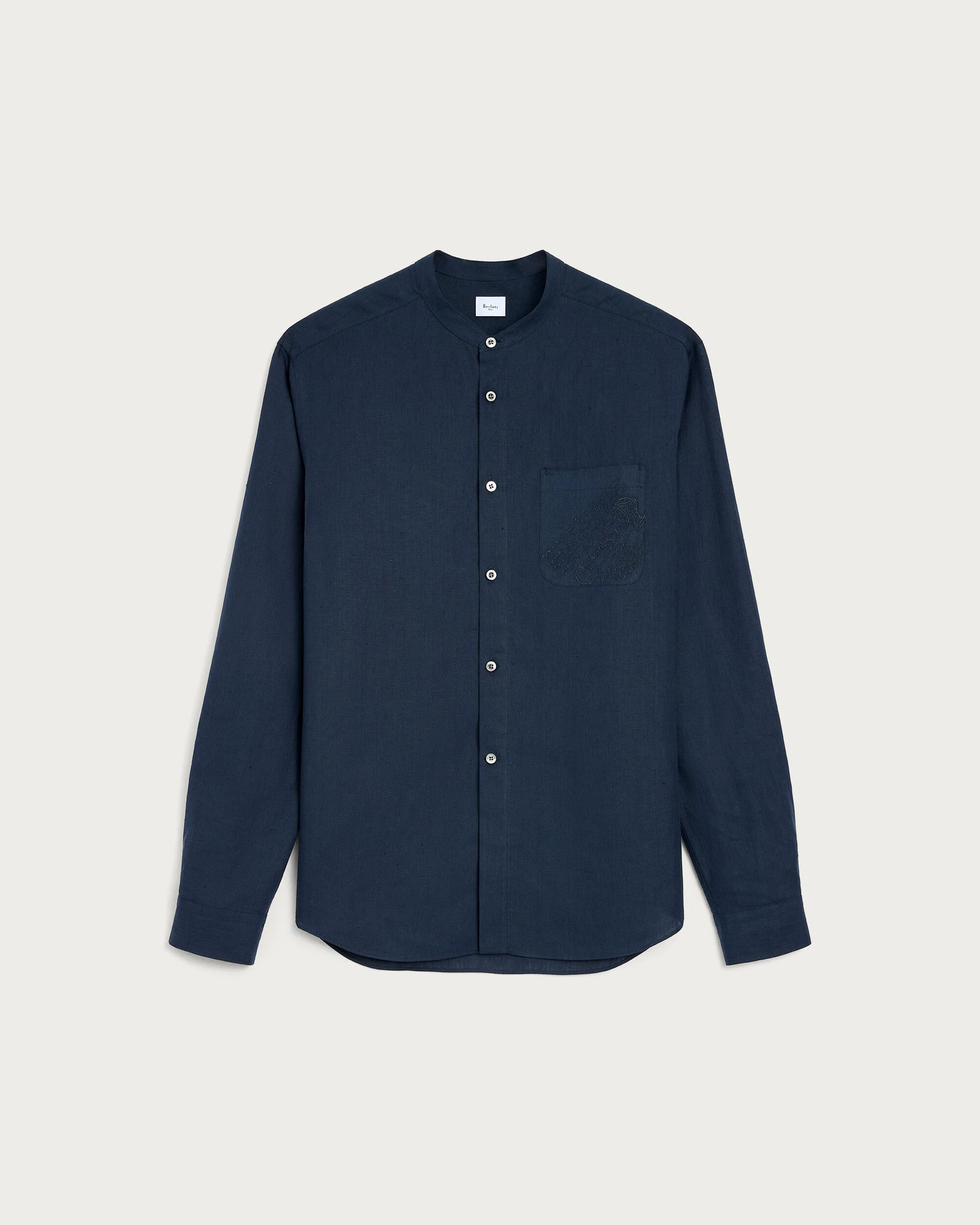 Officer Collar Shirt with Scritto Embroidery, Cold Night Blue, hi-res