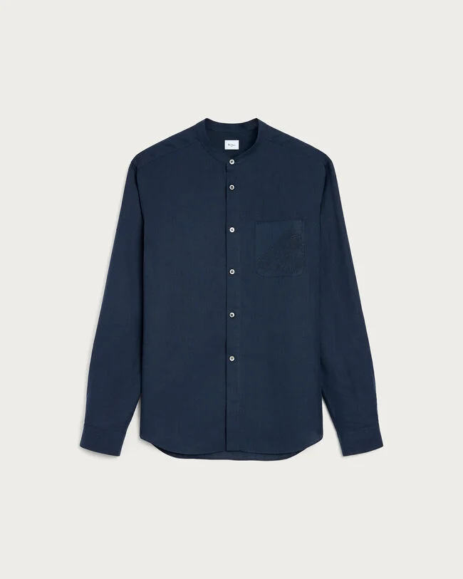 Officer Collar Shirt with Scritto Embroidery, Cold Night Blue, hi-res