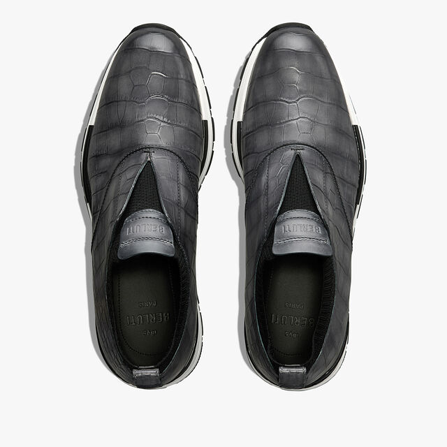 Fast Track Alligator Leather And Knit Slip-On Sneaker, ALUMINIO, hi-res 3