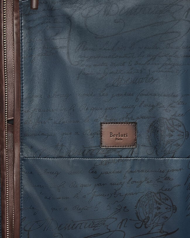 Blouson &agrave; Capuche en Cuir Fly Ultral&eacute;ger Motif Scritto, Mineral Blue, hi-res