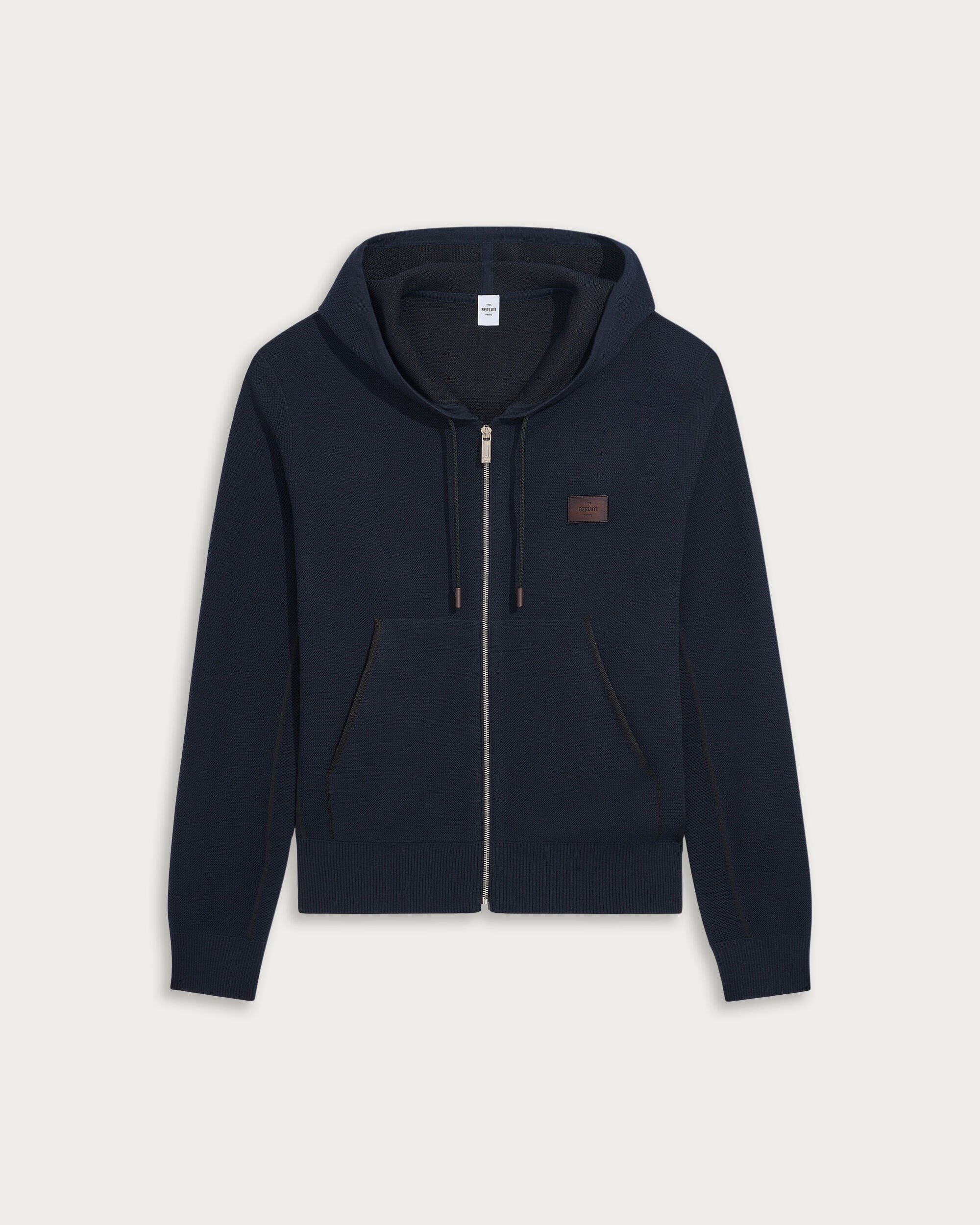 Shadow Zipped Hoodie with Leather Details, Navy, hi-res