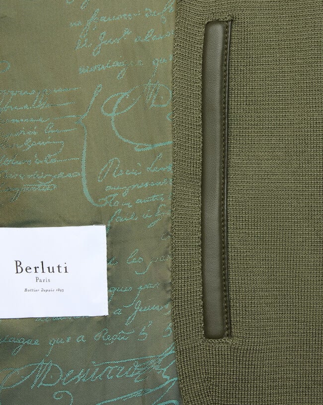 Blouson Aviateur en Maille avec D&eacute;tails en Cuir, Olive, hi-res