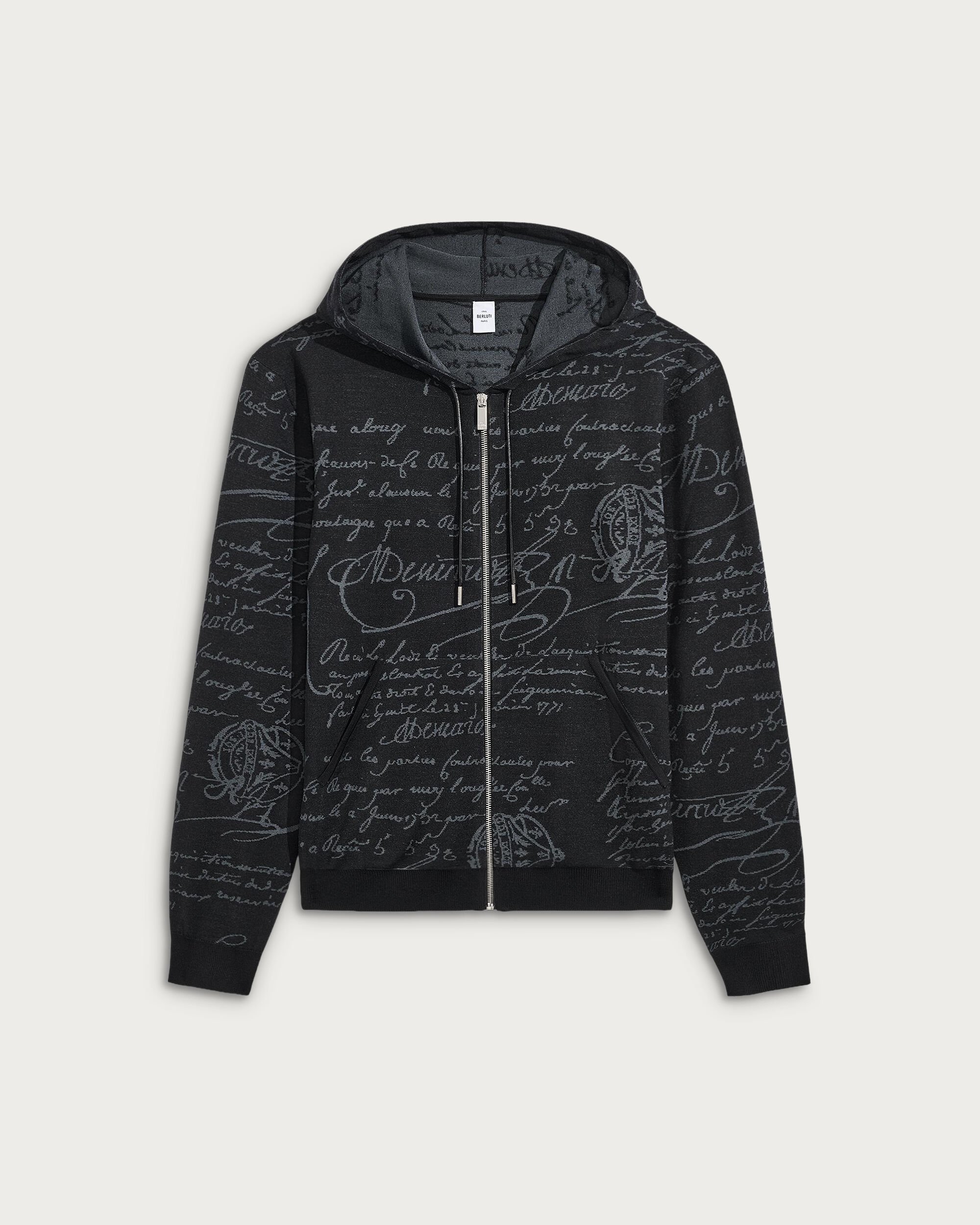 Sweat à Capuche Zippé à Motif Scritto, Noir, hi-res