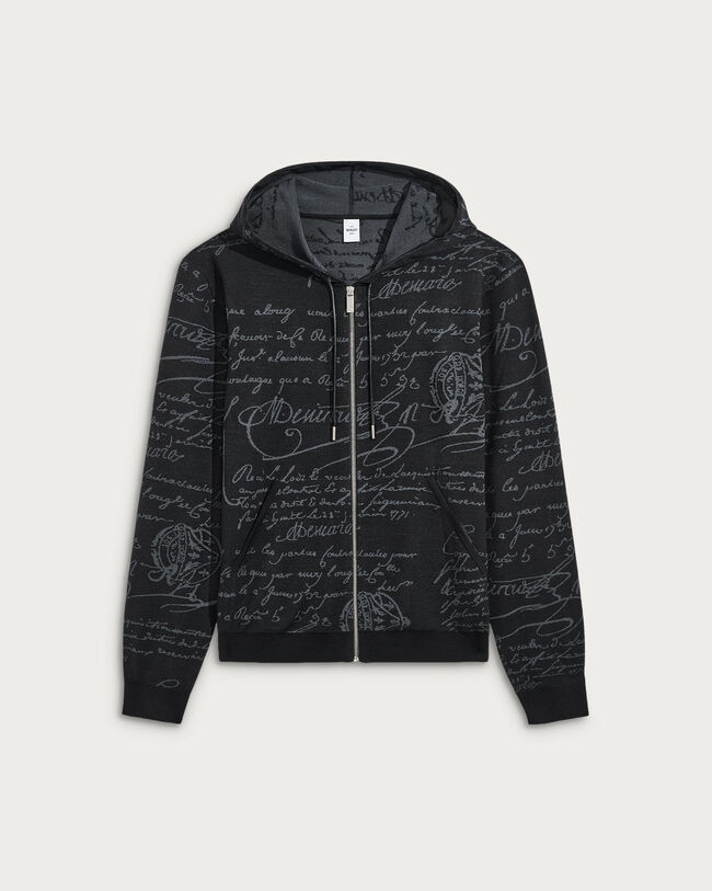 Sweat à Capuche Zippé à Motif Scritto, Noir, hi-res