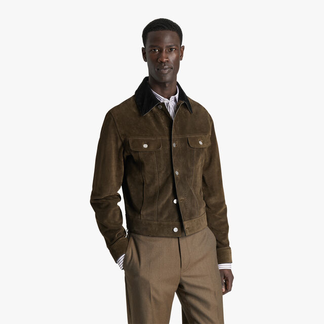 Suede Leather Denim Jacket With Corduroy Collar, WARM GREEN, hi-res 2