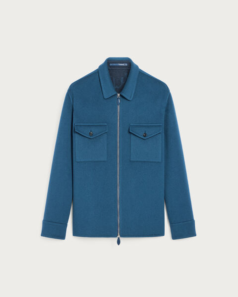 Double Face Zipped Overshirt with Leather Detail, Nile Blue & Internal Giant Scri, hi-res
