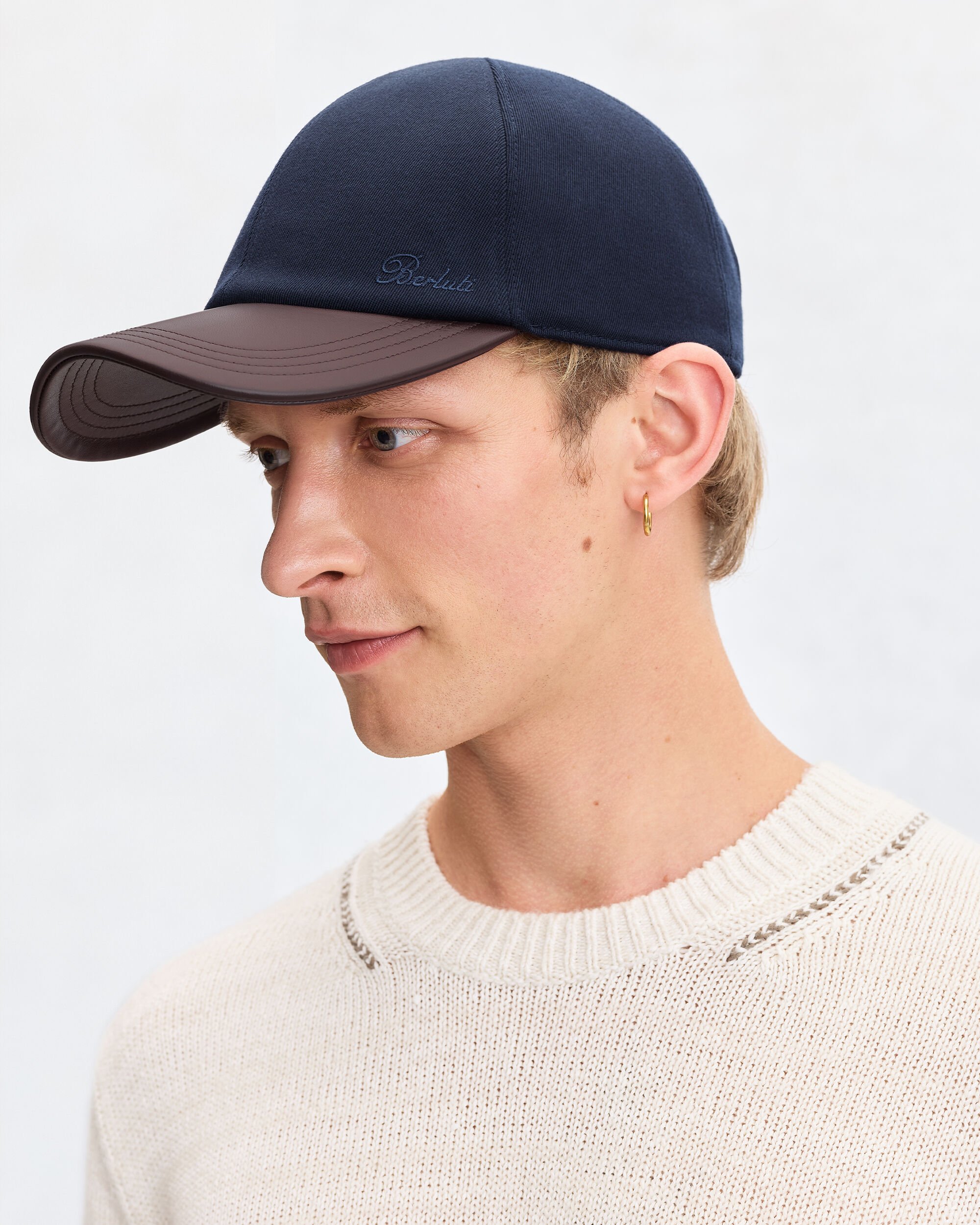Baseball Cap with Leather Visor, Marine, hi-res