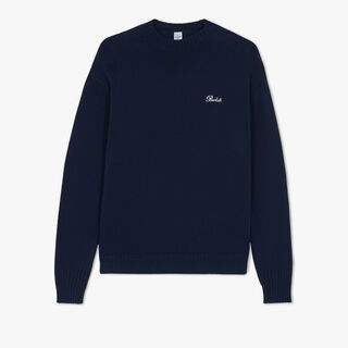 Cotton Sweater With Leather Logo Detail, PLEIADES BLUE, hi-res