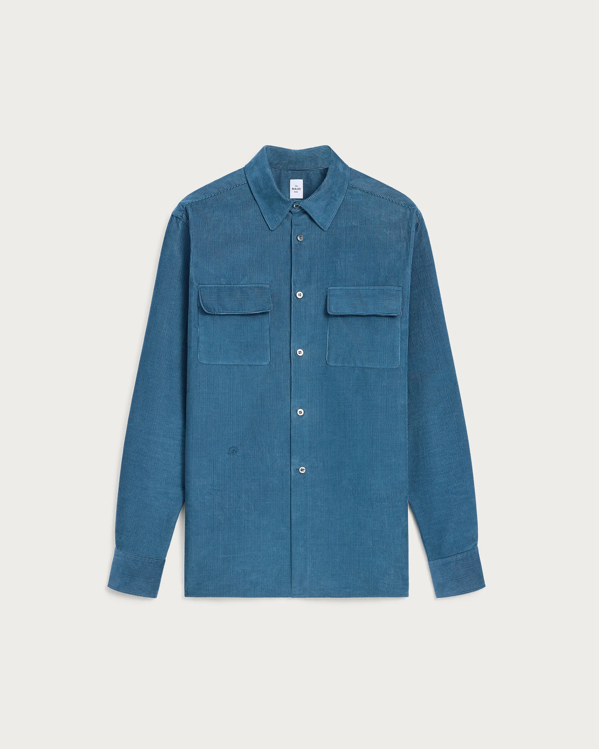 Corduroy Casual Shirt with Leather Detail, Nile Blue, hi-res