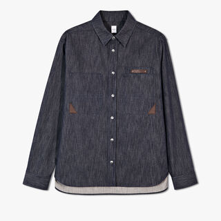 Cotton And Cashmere Denim Overshirt With Leather Details, DARK BLUE DENIM, hi-res