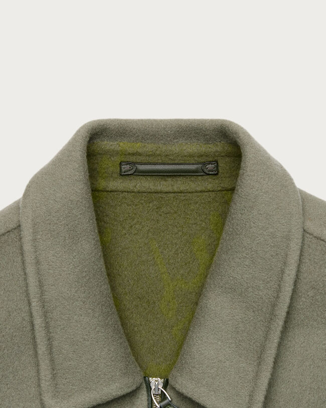 Double Face Zipped Overshirt with Leather Detail, Kaki & Internal Giant Scritto, hi-res
