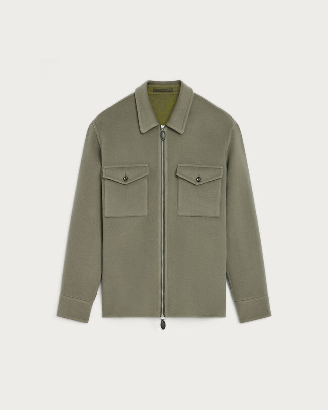 Double Face Zipped Overshirt with Leather Detail, Kaki & Internal Giant Scritto, hi-res