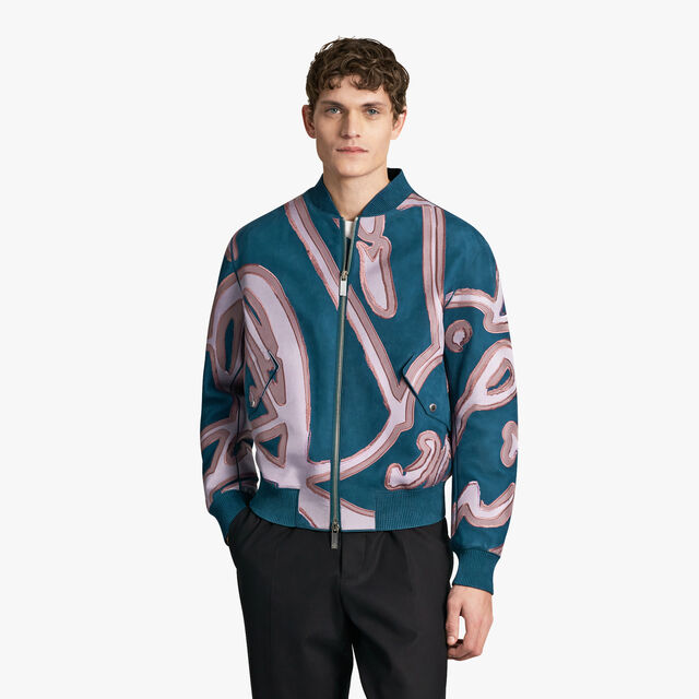 Nubuck Leather Bomber With Embroidered Silk Giant Scritto, BLUE EMERALD, hi-res 2