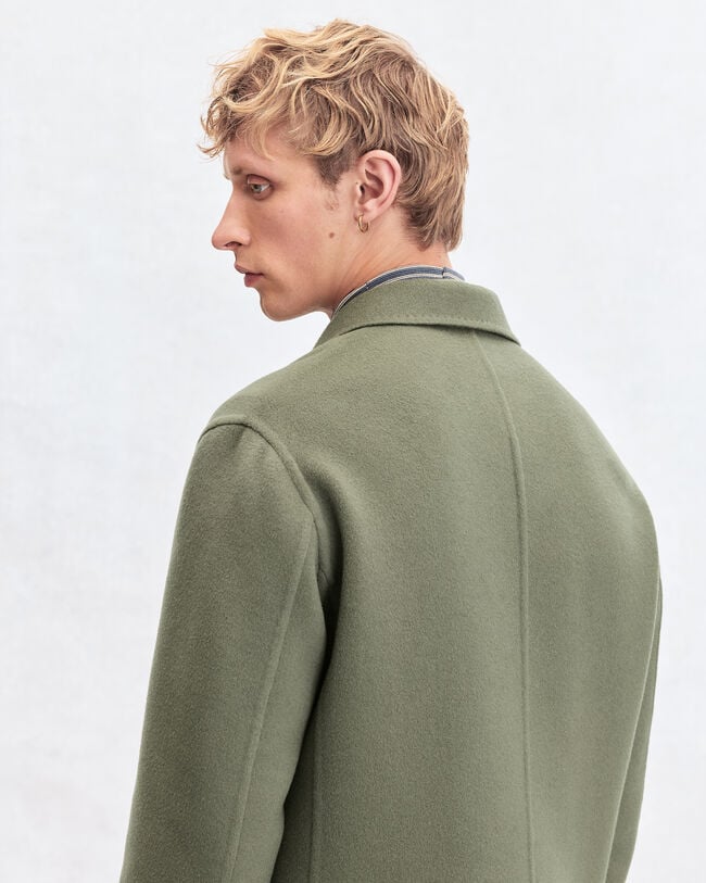 Double Face Coat with Leather Details, Kaki & Internal Giant Scritto, hi-res