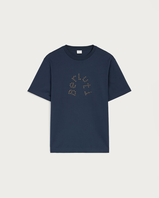 T-shirt &agrave; logo en cuir, Marine, hi-res
