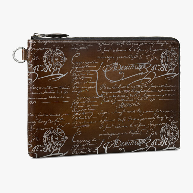 Nino GM Scritto Leather Clutch, CACAO INTENSO + SILVER, hi-res 2