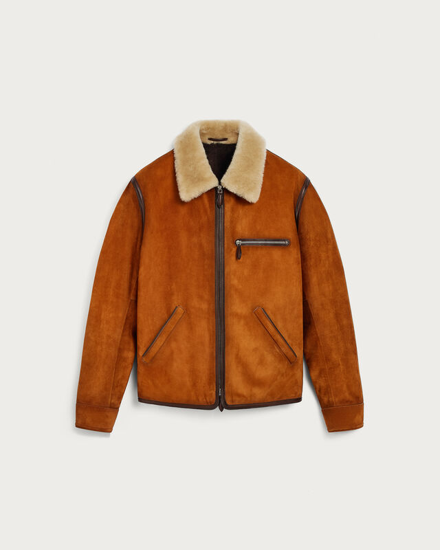 Leather Patina Un Jour Shearling Blouson, Amber Brown, hi-res