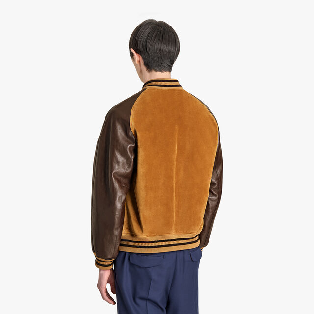 Suede Leather Varsity Jacket, CARAMEL, hi-res 3