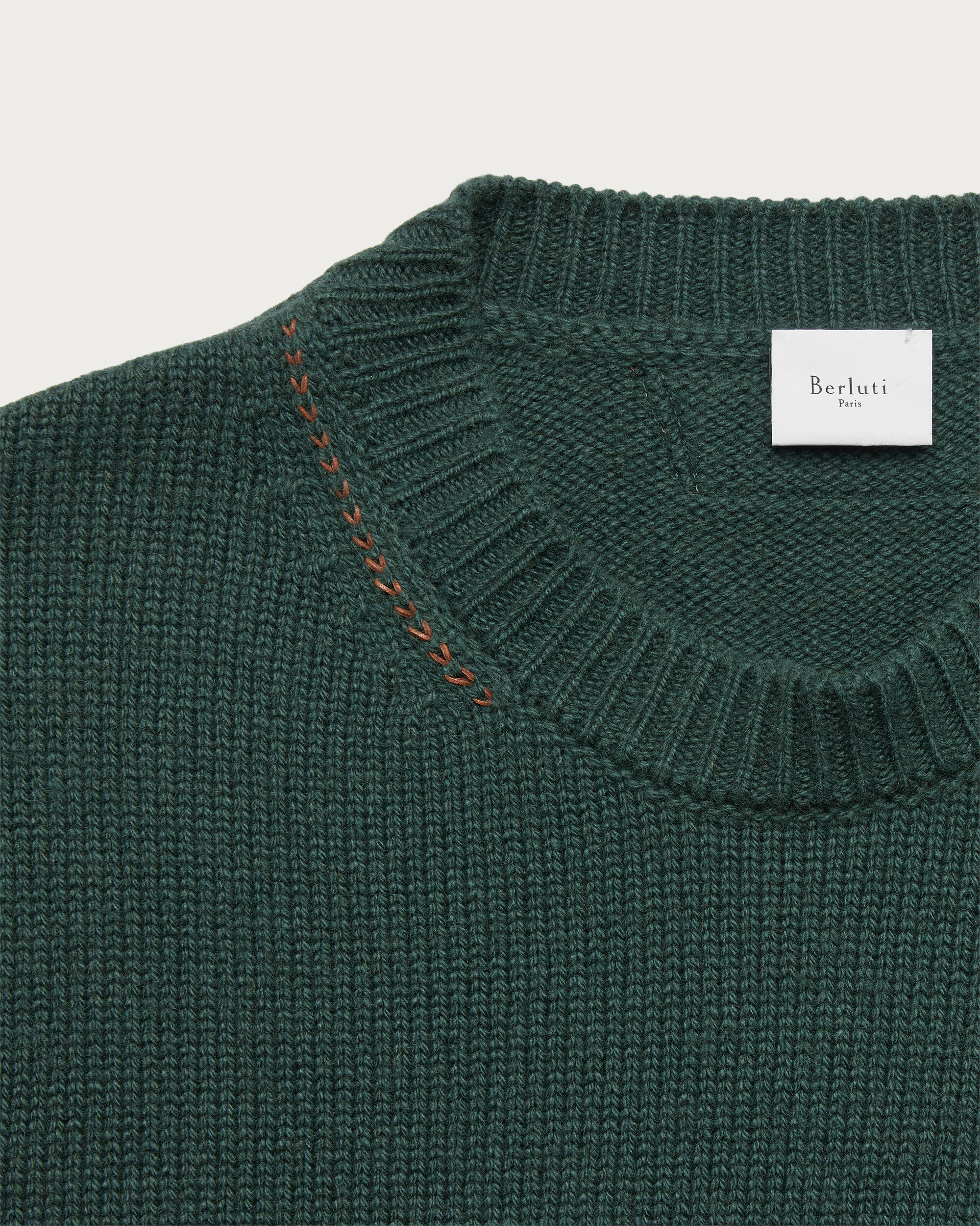 Cashmere Crewneck with Leather Braiding Details, Green, Image 1