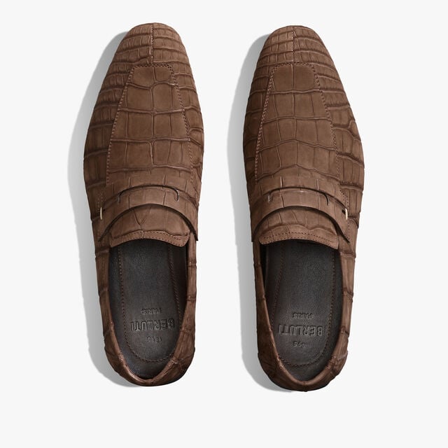 Lorenzo Drive Nubuck Alligator Leather Loafer, CIOCCOLATO, hi-res 3