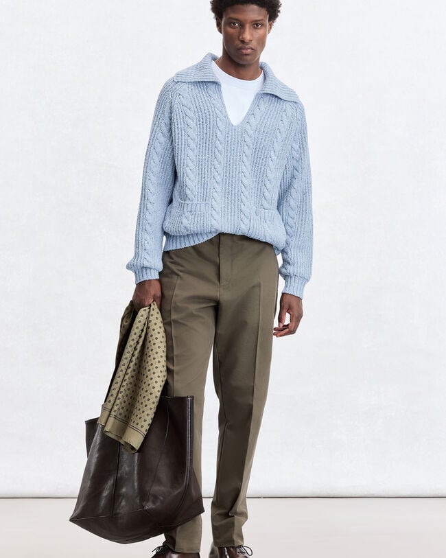 Cable Knit Vareuse with Leather Details, Periwinkle Blue, hi-res