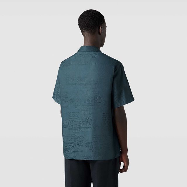 Cotton Silk Scritto Short Sleeves Shirt, NERO BLUE, hi-res 4