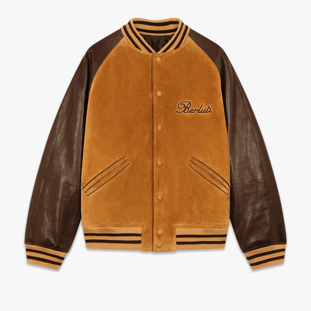 Suede Leather Varsity Jacket, CARAMEL, hi-res 1