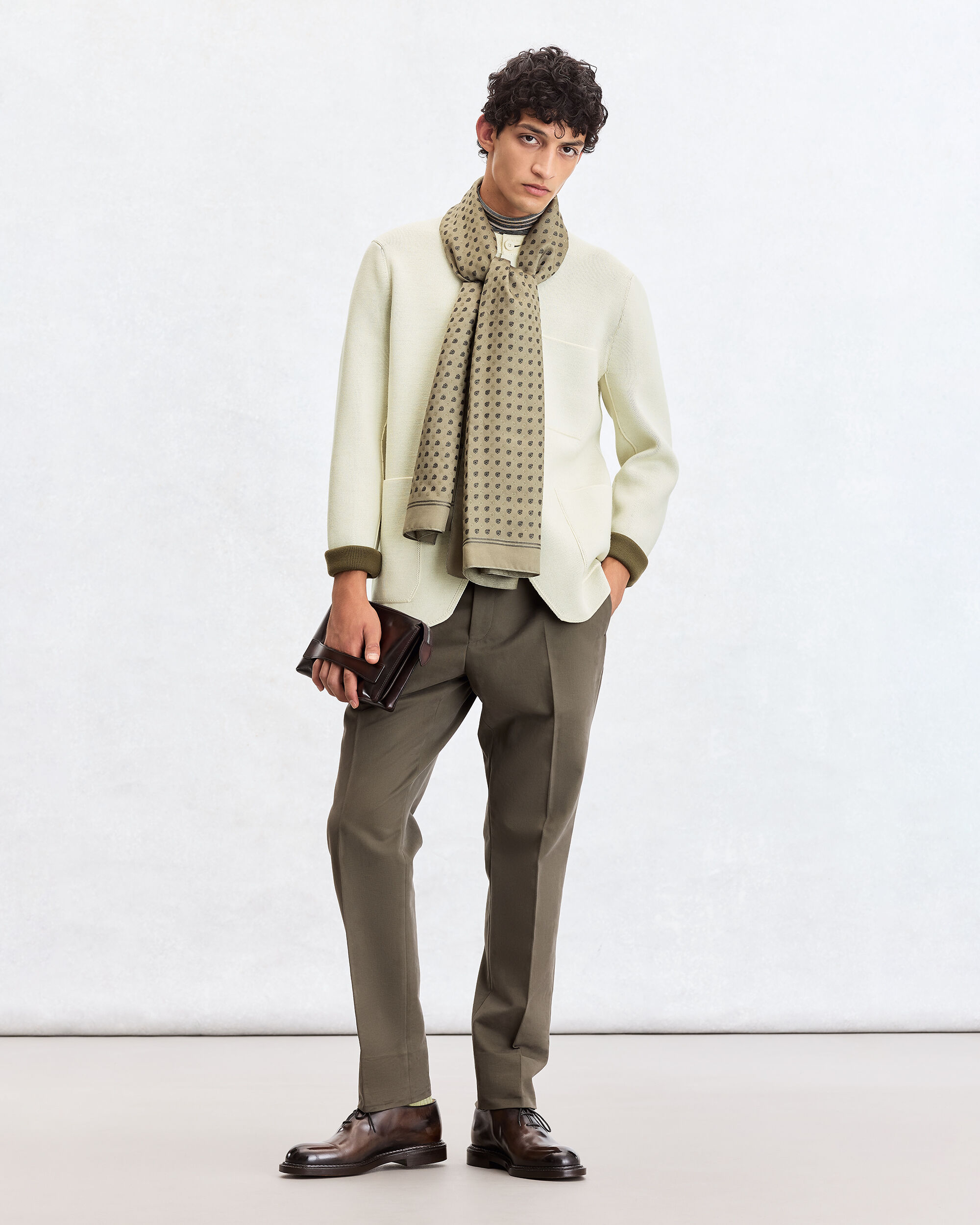 Bicolor Knitted Foresti&egrave;re with Leather Details, Ecru & Kaki, hi-res