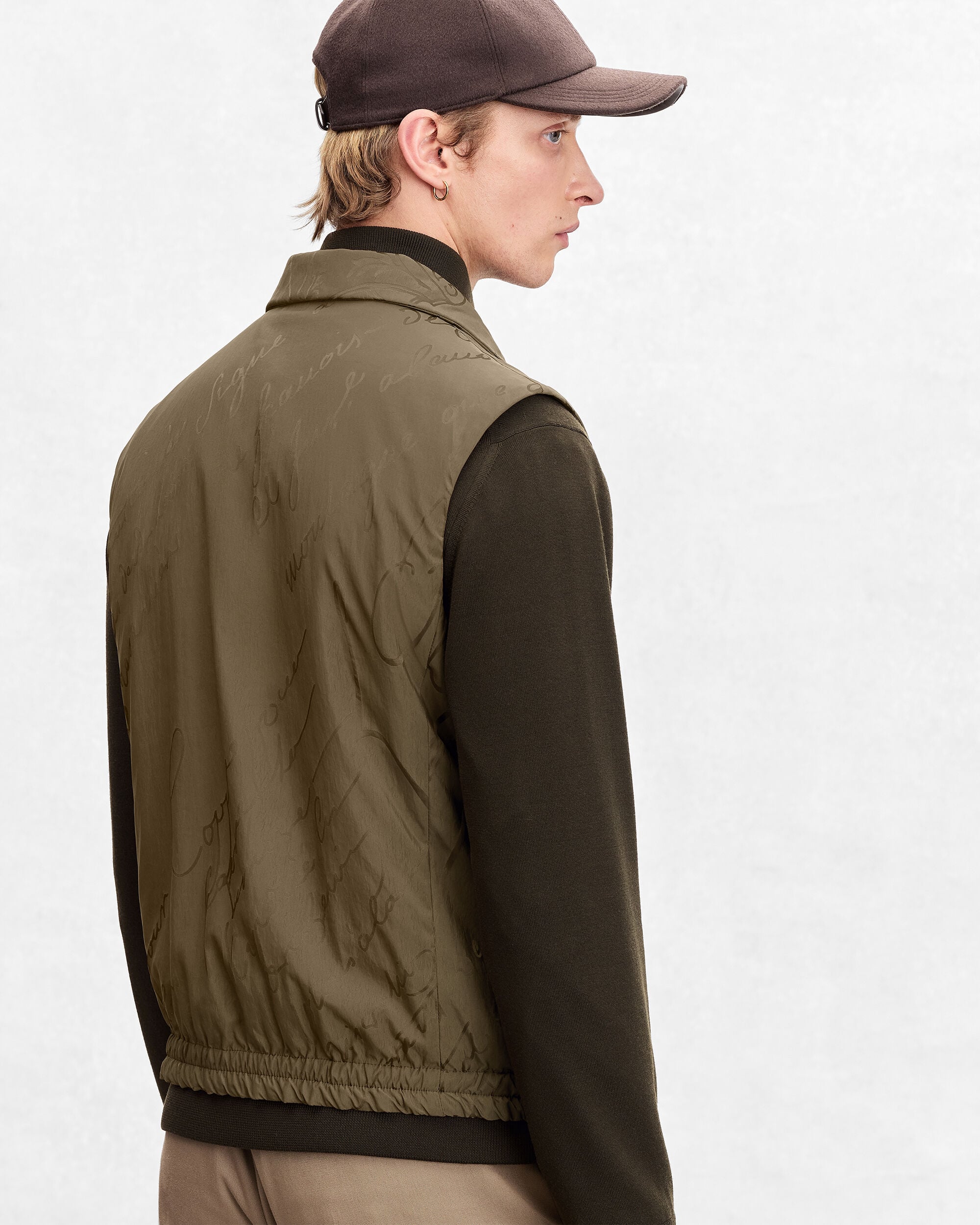 Scritto Pattern Gilet with Leather Details, Kaki, hi-res