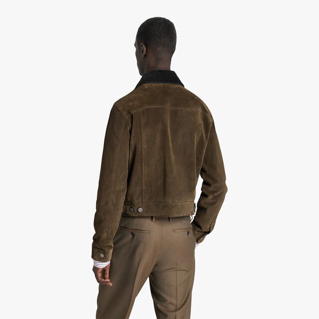 Suede Leather Denim Jacket With Corduroy Collar, WARM GREEN, hi-res 3