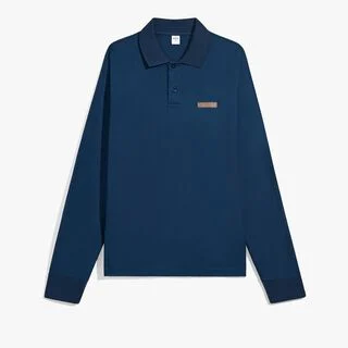 Classic Pique Leather Tab Long Sleeves Polo, ATLANTIC BLUE, hi-res