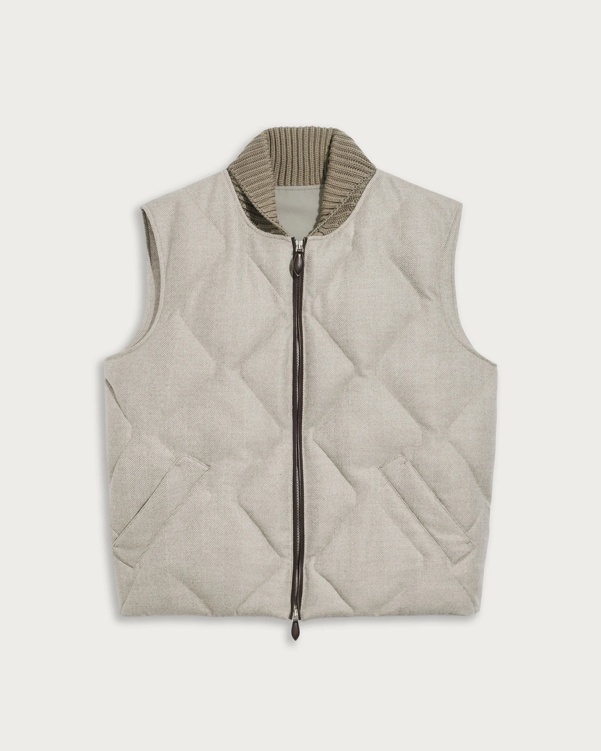 Quilted Down Gilet with Leather Details, Taupe Grey, hi-res