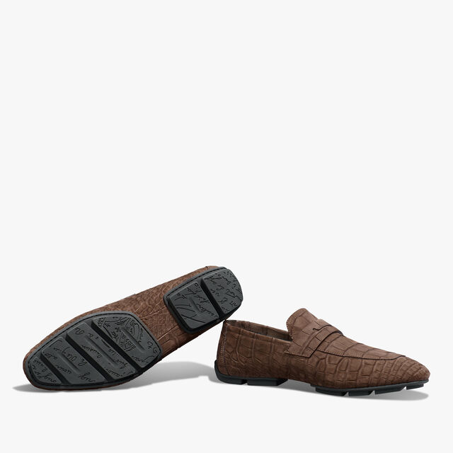 Lorenzo Drive Nubuck Alligator Leather Loafer, CIOCCOLATO, hi-res 4