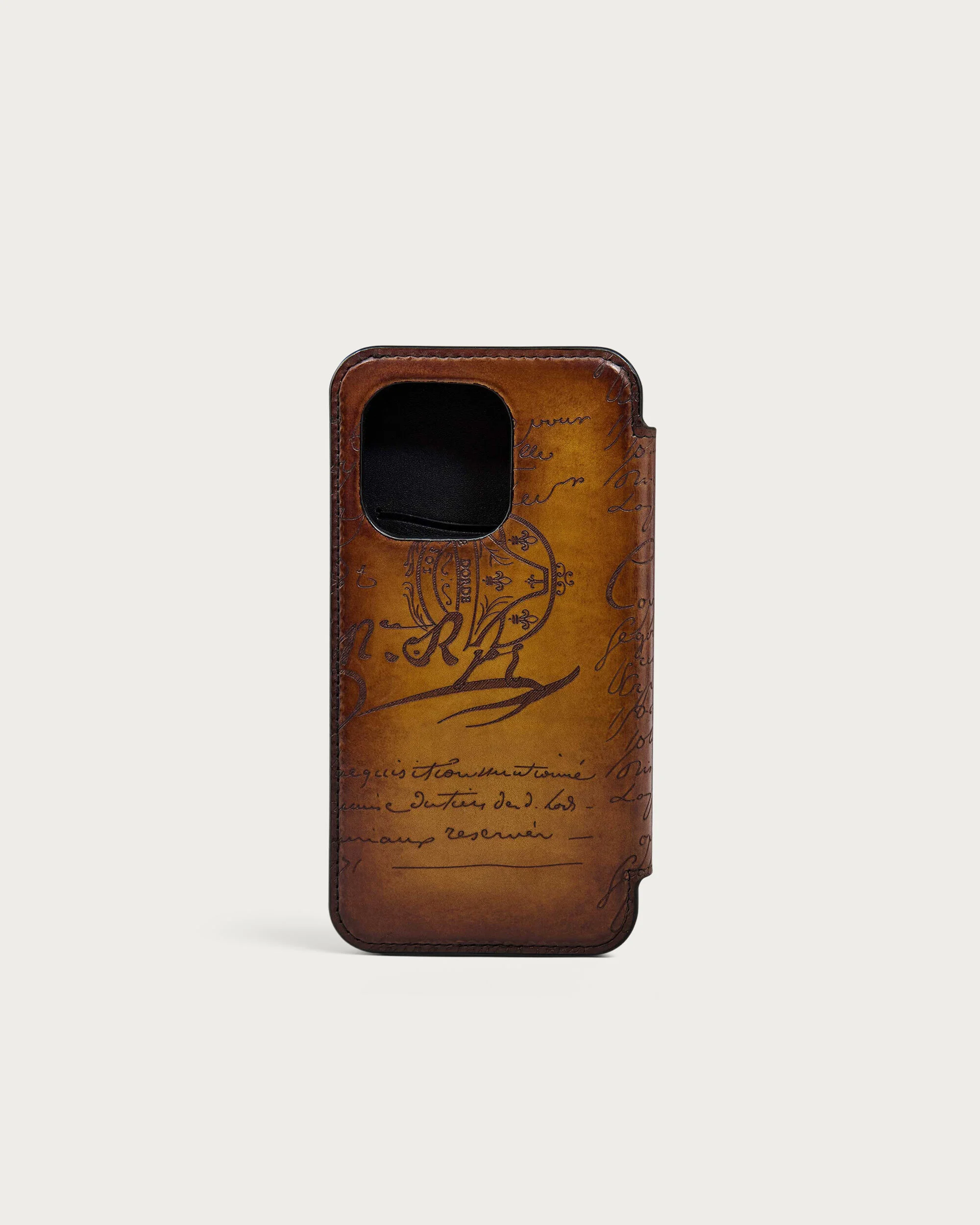 Scritto图纹皮革iPhone 15 Pro Folio手机壳, Ice Gold, hi-res