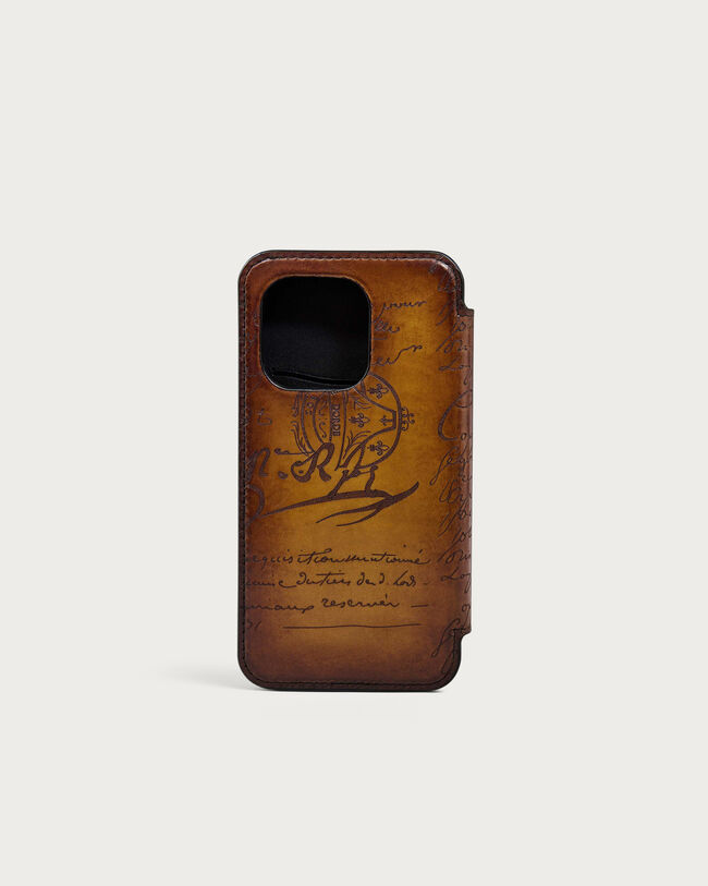 Scritto图纹皮革iPhone 15 Pro Folio手机壳, Ice Gold, hi-res