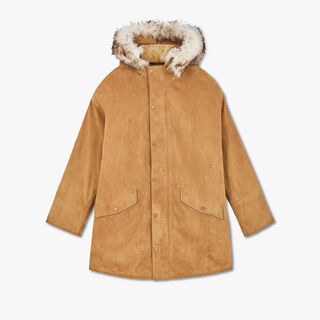 Nubuck Leather Parka With Shearling Hood, TOFFEE CAMEL, hi-res