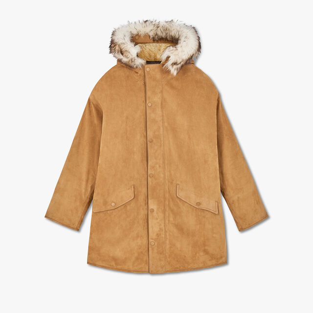 Nubuck Leather Parka With Shearling Hood, TOFFEE CAMEL, hi-res 1