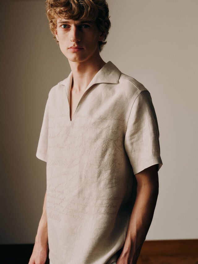 Linen Scritto Short Sleeved Vareuse, SHADES OF BEIGE , hi-res 2