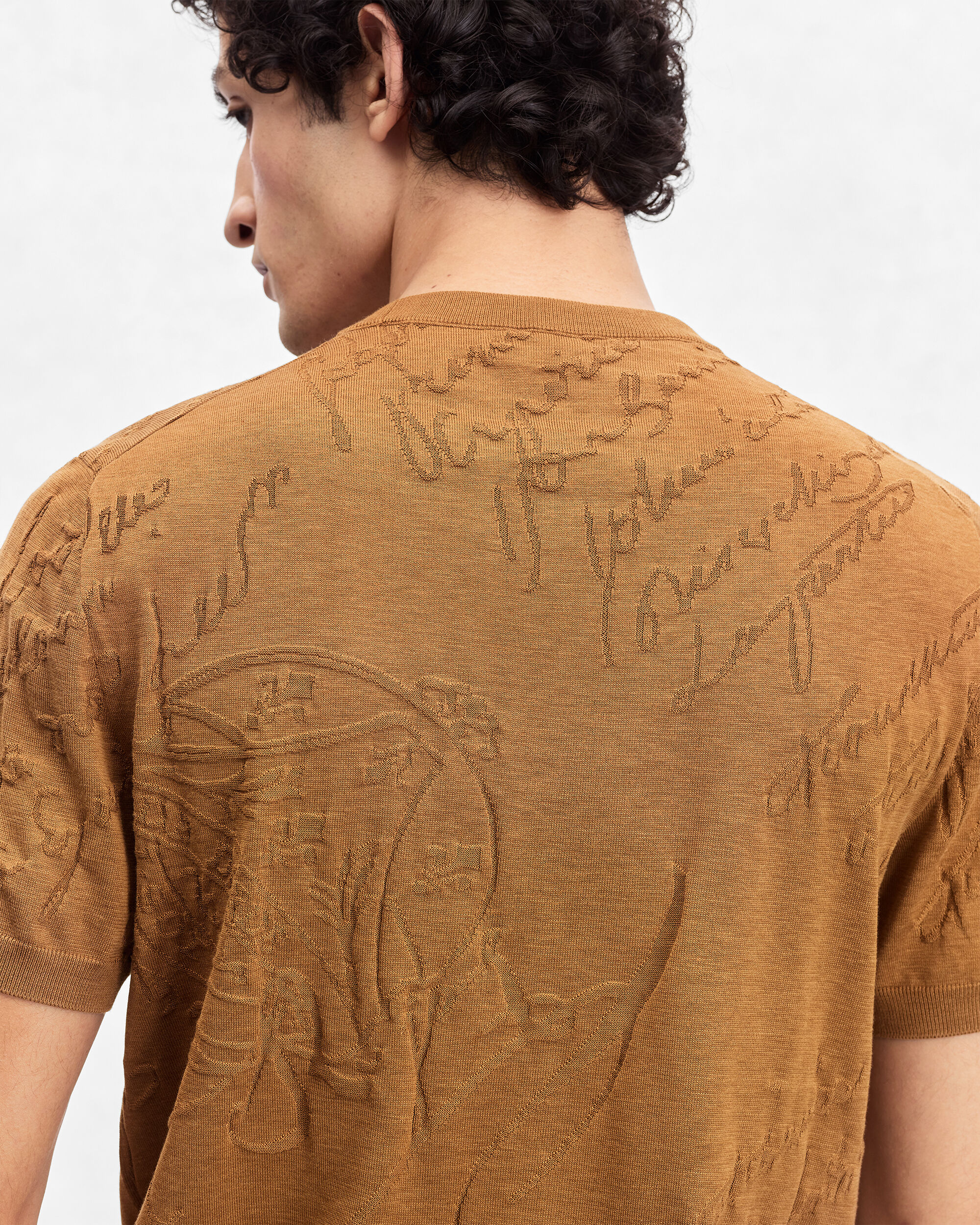 Diagonal Scritto Pattern Short-Sleeves Crewneck, Tobacco, hi-res