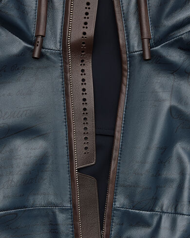 Ultralight Fly Scritto Pattern Leather Hooded Blouson, Mineral Blue, hi-res