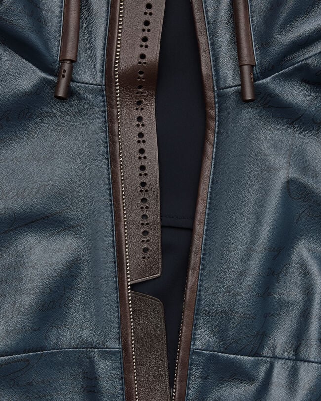 Blouson &agrave; Capuche en Cuir Fly Ultral&eacute;ger Motif Scritto, Mineral Blue, hi-res