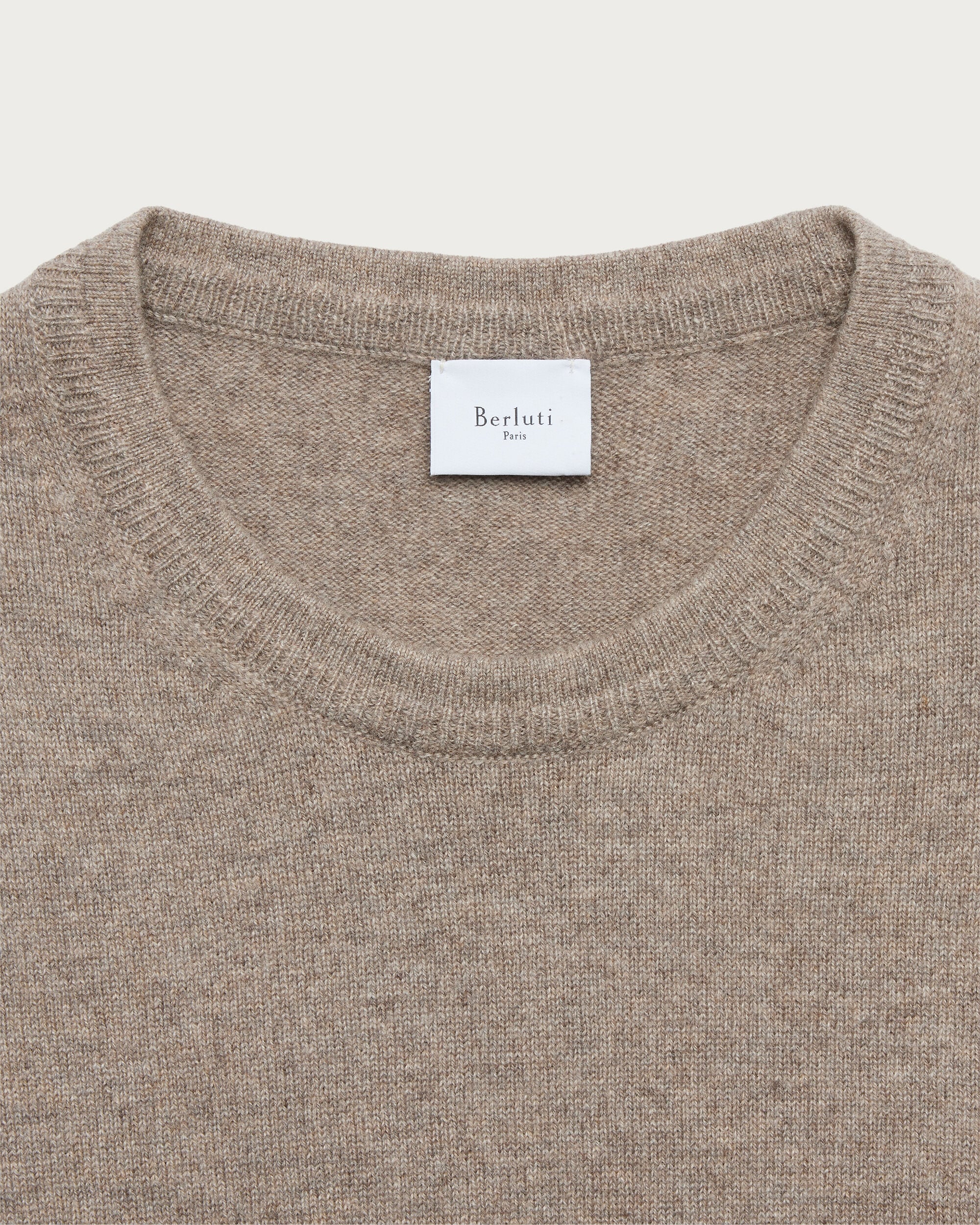 Cashmere Crewneck with Crest and Leather Braiding Details, Warm Beige, Image 3