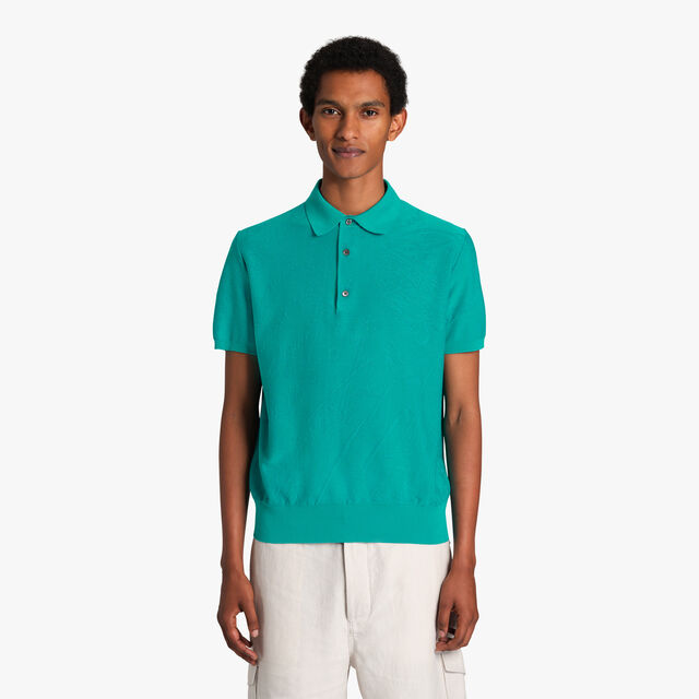 Cotton and Silk Scritto Pique Polo, AQUA GREEN, hi-res 2