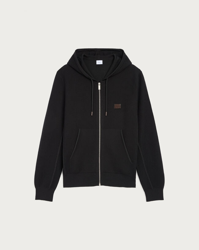 Shadow Zipped Hoodie with Leather Details, Noir, hi-res
