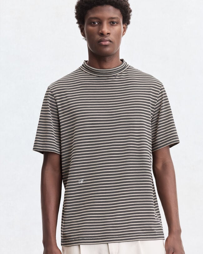 Mock-Neck T-Shirt with Stripes, Stripes Black & Taupe, hi-res