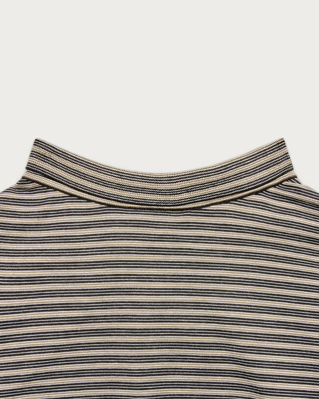 T-Shirt Col Chemin&eacute;e &agrave; Rayures, Stripes Black & Taupe, hi-res