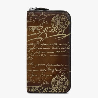 Itauba Scritto Leather Long Zipped Wallet, CACAO INTENSO + GOLD, hi-res
